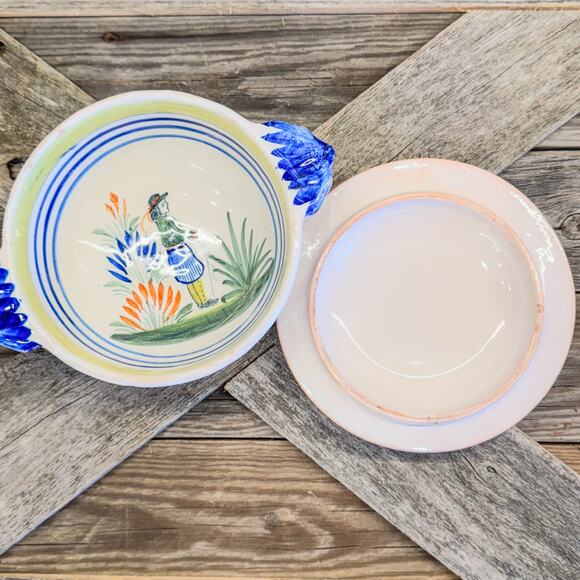 1930's French Faience Henriot Quimper Breton Man-Tureen w/ Lid and Handles-7.5"W - Picture 10 of 10